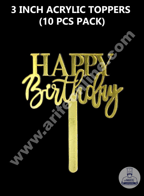 CAKE DECOR™ 3 Inch 10 pcs Golden Acrylic Cake Topper - Happy Birthday ( SBMT-3INCH-04 )