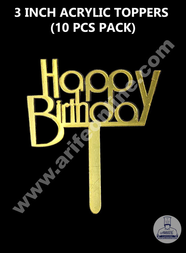 CAKE DECOR™ 3 Inch 10 pcs Golden Acrylic Cake Topper - Happy Birthday ( SBMT-3INCH-05 )