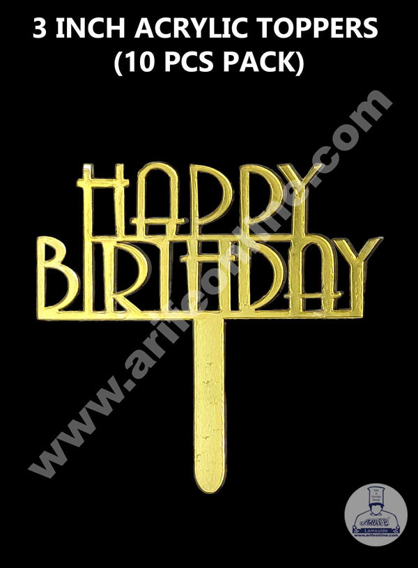 CAKE DECOR™ 3 Inch 10 pcs Golden Acrylic Cake Topper - Happy Birthday ( SBMT-3INCH-07 )