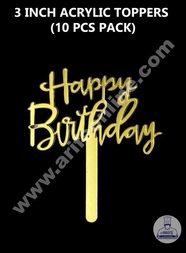 CAKE DECOR™ 3 Inch 10 pcs Golden Acrylic Cake Topper - Happy Birthday ( SBMT-3INCH-09 )
