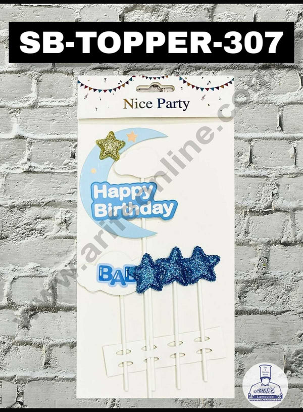 CAKE DECOR™ 5pcs Blue Happy Birthday Moon Star Stick Topper For Cake Decoration( SB-TOPPER-307-Blue)