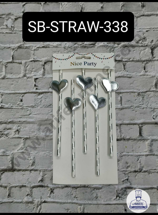 CAKE DECOR™ 5pcs Silver Heart Straw Topper For Cake Decoration( SB-STRAW-338-Silver )