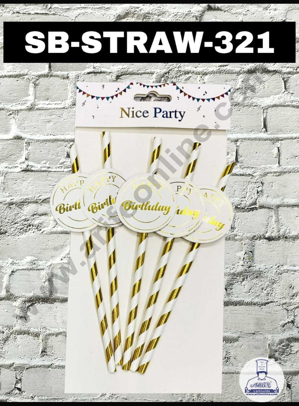 CAKE DECOR™ 5pcs White Gold Happy Birthday Tag Straw Topper For Cake Decoration( SB-STRAW-321-WG )