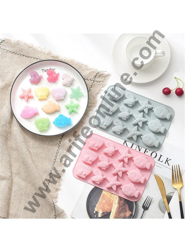Cake Decor 12 Cavity Silicone Chocolate Mould Sea Life Theme Fish Star Shells Silicon Jelly Candy Moulds