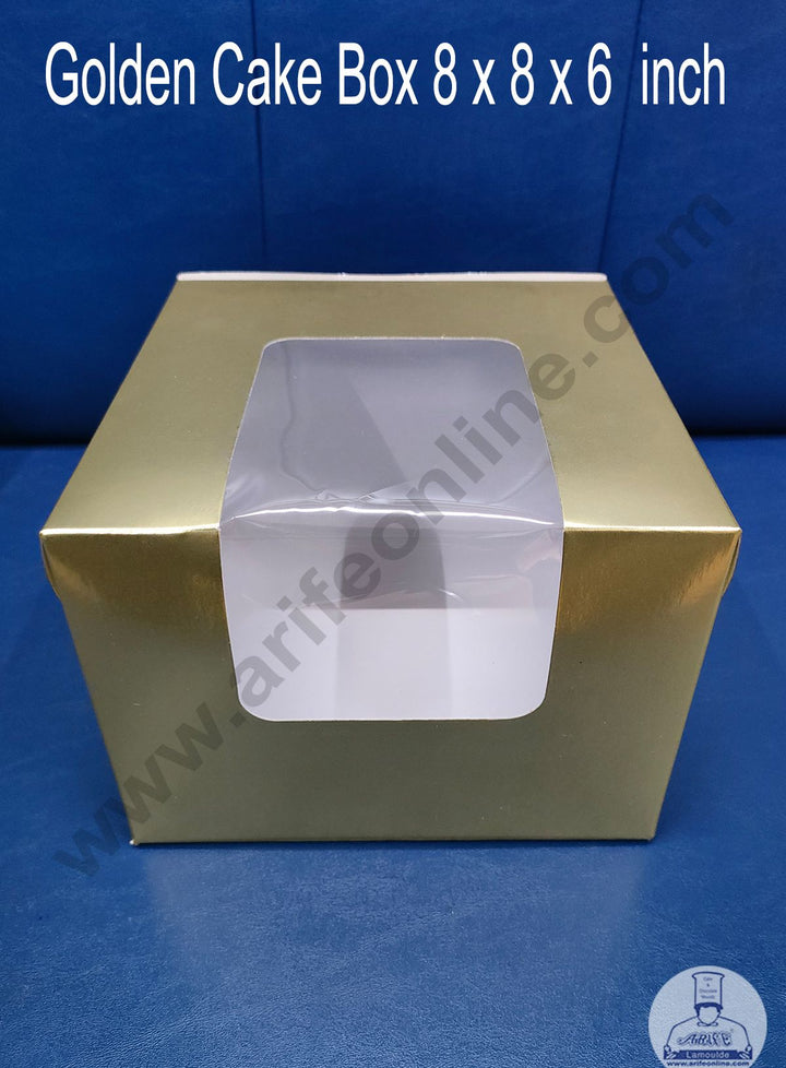 Cake Decor 1/2 kg Golden Cake Box Packaging with Clear Display Rectangle Window 8 x 8 x 6 Inch (Pack of 5pcs)