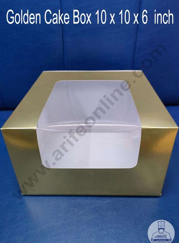 Cake Decor 1kg Golden Cake Box Packaging with Clear Display Rectangle Window 10 x 10 x 6 Inch (Pack of 5pcs)