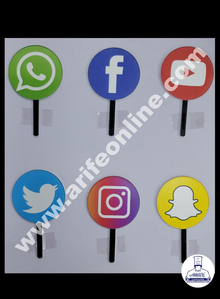 Cake Decor 3 Inches Digital Printed Cake Toppers - 6 Pc Social Media