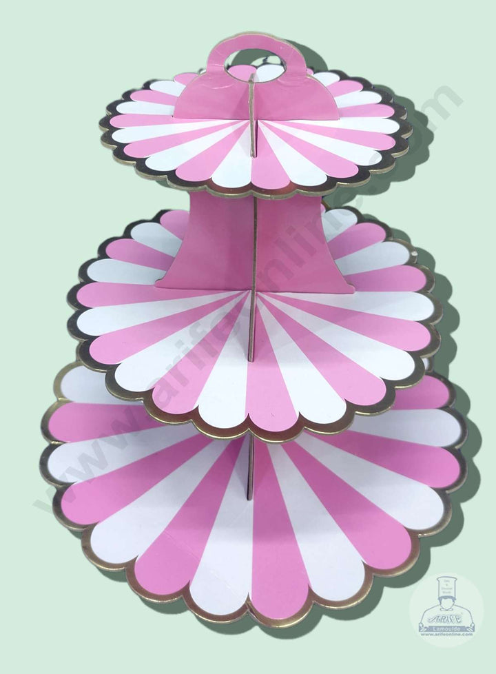 Cake Decor 3 Tier Cardboard Cupcake Stand - Light Pink White Strips ( SBCS-C-LPink )