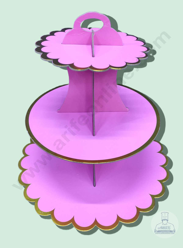 Cake Decor 3 Tier Cardboard Cupcake Stand - Pink with Golden Border Design ( SBCS-C-PGBD )