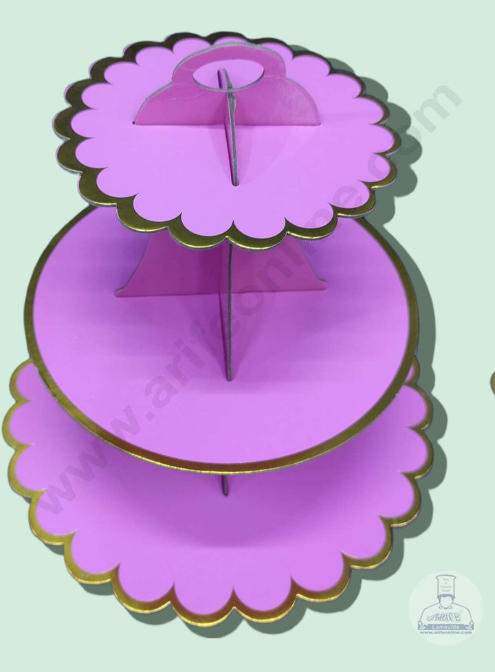 Cake Decor 3 Tier Cardboard Cupcake Stand - Pink with Golden Border Design ( SBCS-C-PGBD )