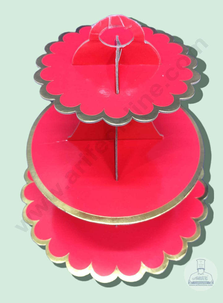 Cake Decor 3 Tier Cardboard Cupcake Stand - Red with Golden Border Design ( SBCS-C-RGBD )
