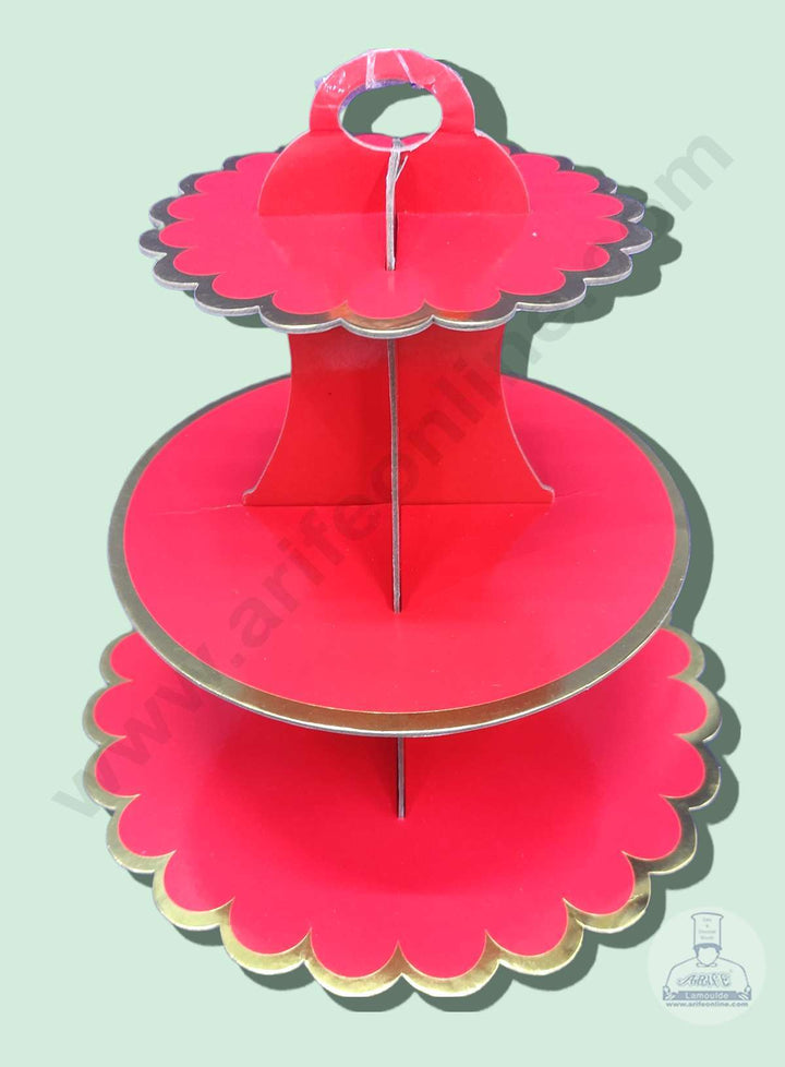 Cake Decor 3 Tier Cardboard Cupcake Stand - Red with Golden Border Design ( SBCS-C-RGBD )