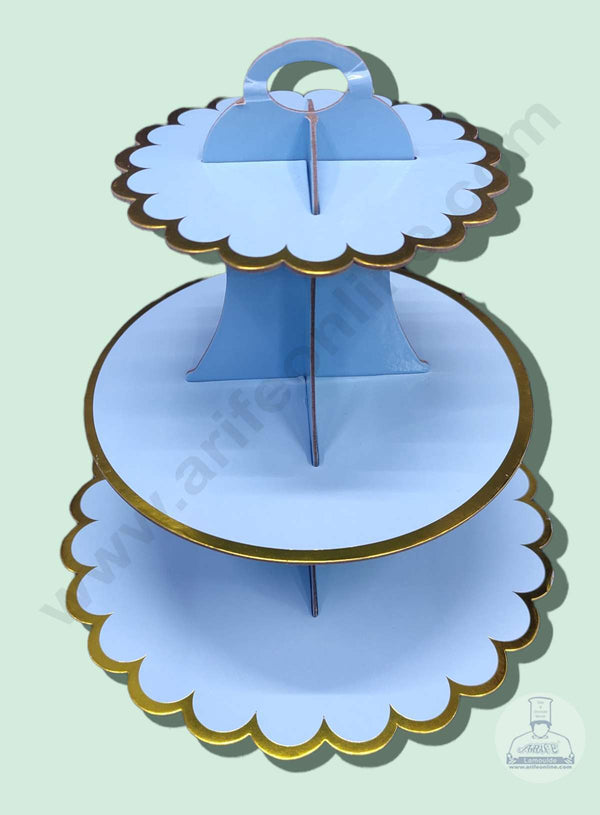 Cake Decor 3 Tier Cardboard Cupcake Stand - Sky Blue with Golden Border Design ( SBCS-C-SBGBD )