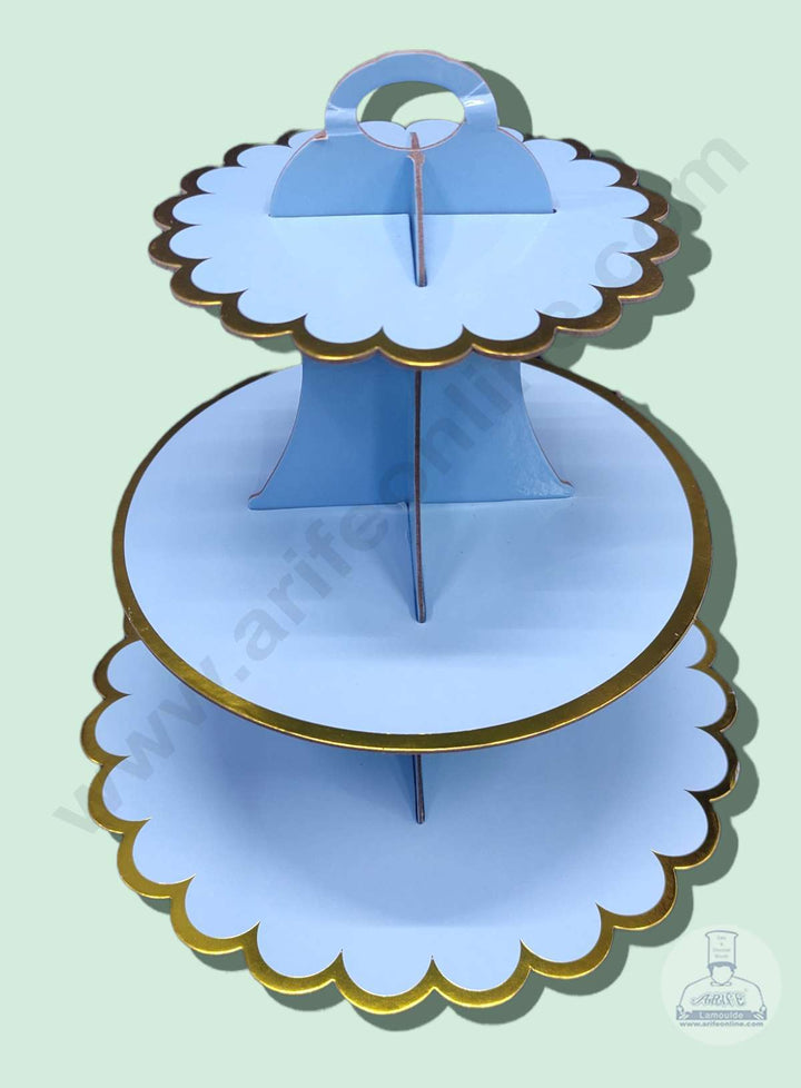 Cake Decor 3 Tier Cardboard Cupcake Stand - Sky Blue with Golden Border Design ( SBCS-C-SBGBD )