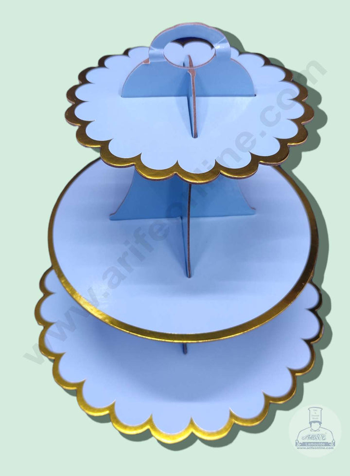 Cake Decor 3 Tier Cardboard Cupcake Stand - Sky Blue with Golden Border Design ( SBCS-C-SBGBD )