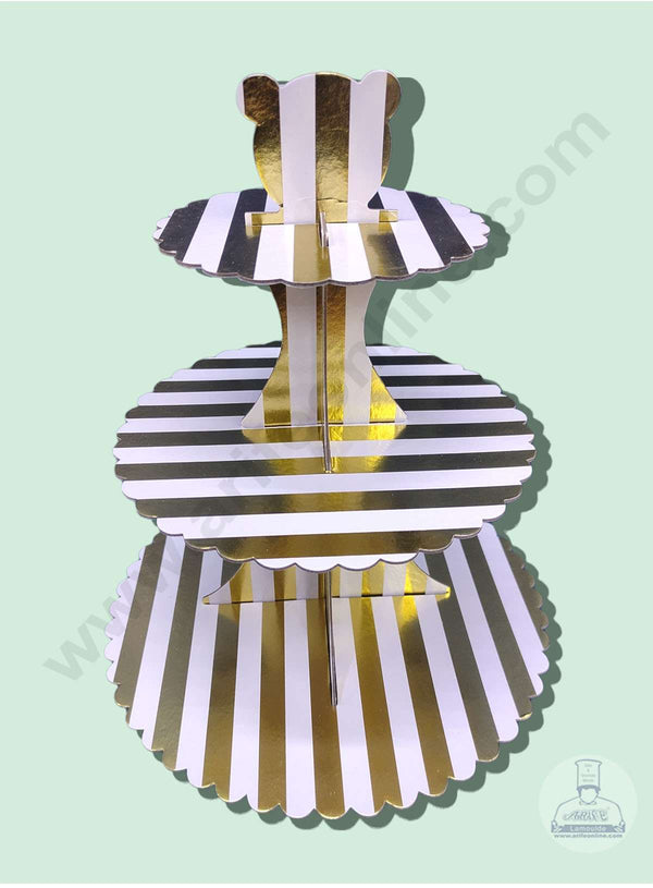 Cake Decor 3 Tier Cardboard Cupcake Stand - White Golden Stripe Design ( SBCS-C-WGSD )