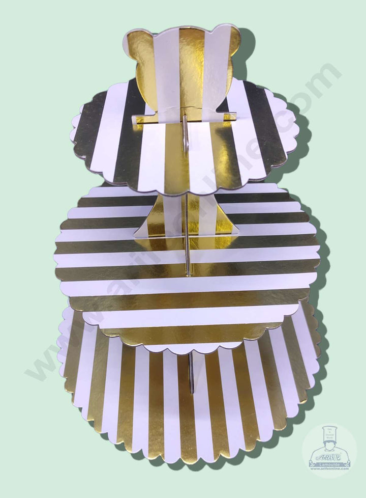 Cake Decor 3 Tier Cardboard Cupcake Stand - White Golden Stripe Design ( SBCS-C-WGSD )
