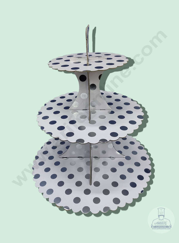 Cake Decor 3 Tier Cardboard Cupcake Stand - White Silver Polka Dot Design ( SBCS-C-WSP )