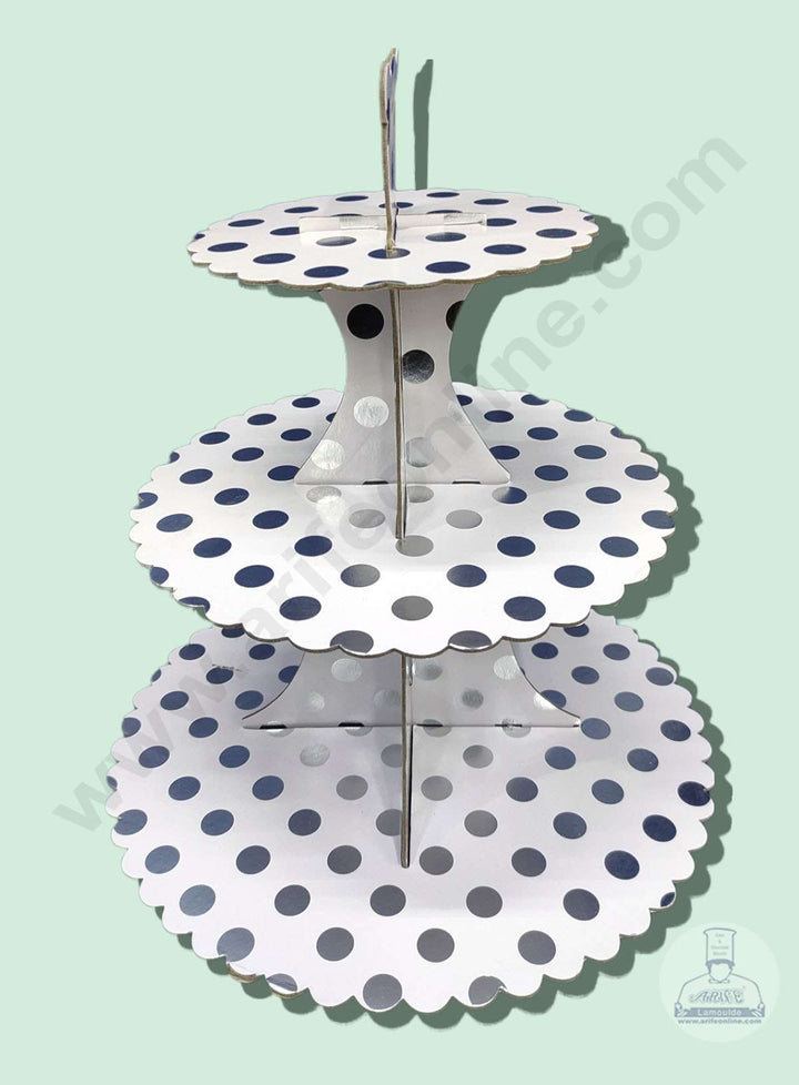 Cake Decor 3 Tier Cardboard Cupcake Stand - White Silver Polka Dot Design ( SBCS-C-WSP )