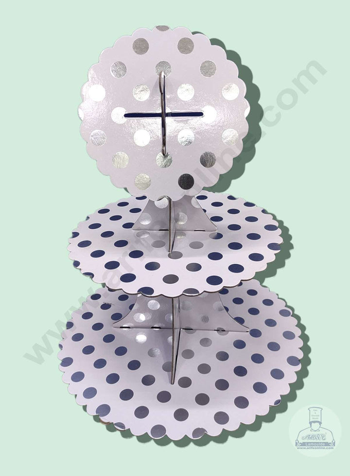 Cake Decor 3 Tier Cardboard Cupcake Stand - White Silver Polka Dot Design ( SBCS-C-WSP )