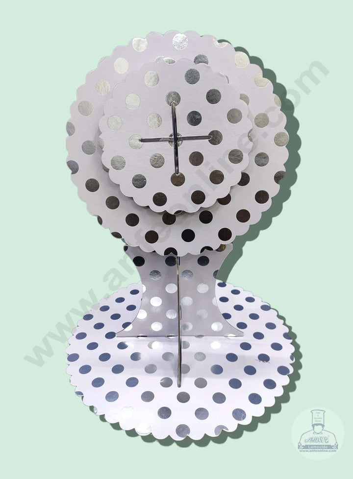Cake Decor 3 Tier Cardboard Cupcake Stand - White Silver Polka Dot Design ( SBCS-C-WSP )