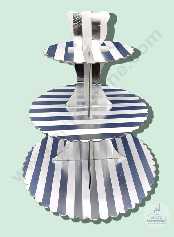 Cake Decor 3 Tier Cardboard Cupcake Stand - White Silver Stripe Design ( SBCS-C-WSS )