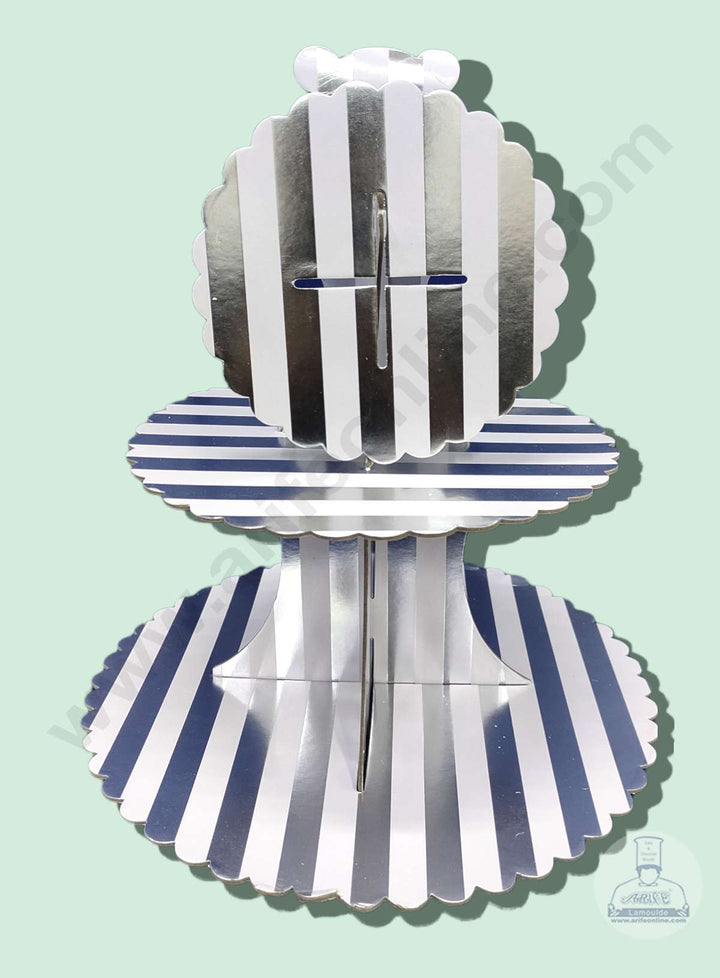 Cake Decor 3 Tier Cardboard Cupcake Stand - White Silver Stripe Design ( SBCS-C-WSS )