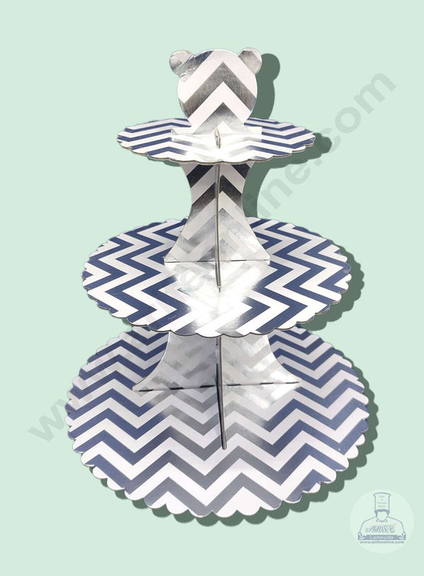 Cake Decor 3 Tier Cardboard Cupcake Stand - White Silver Zigzag Design ( SBCS-C-WSZZ )