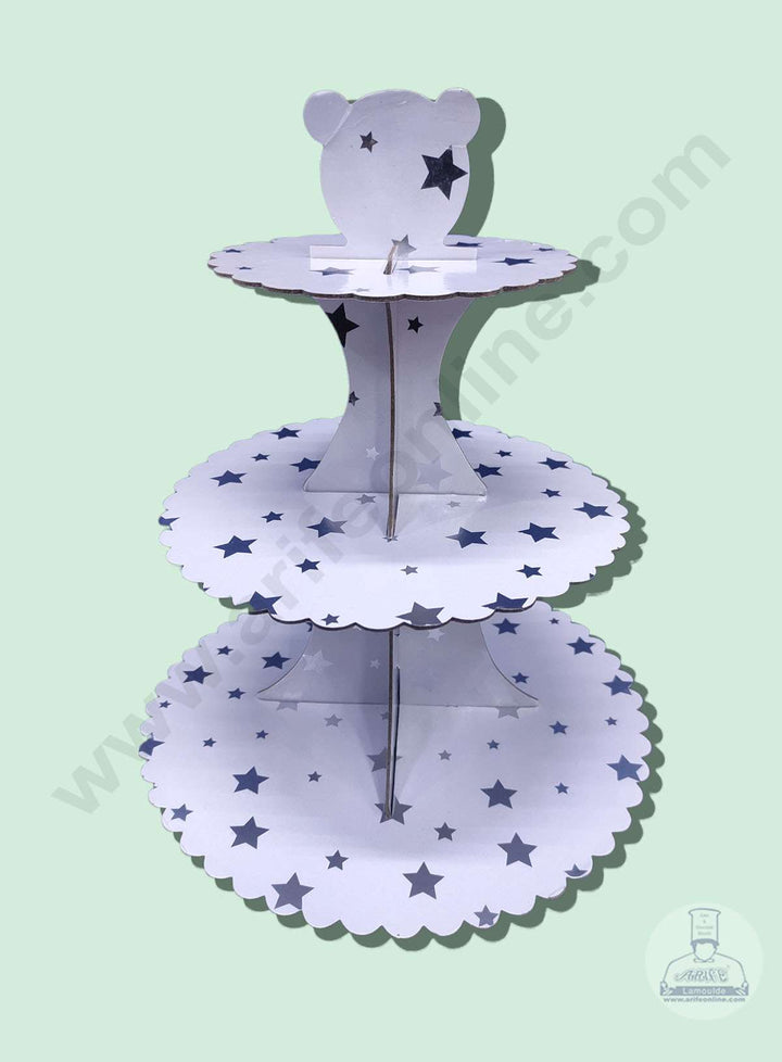Cake Decor 3 Tier Cardboard Cupcake Stand – White Silver Star Design ( SBCS-C-WSSD )