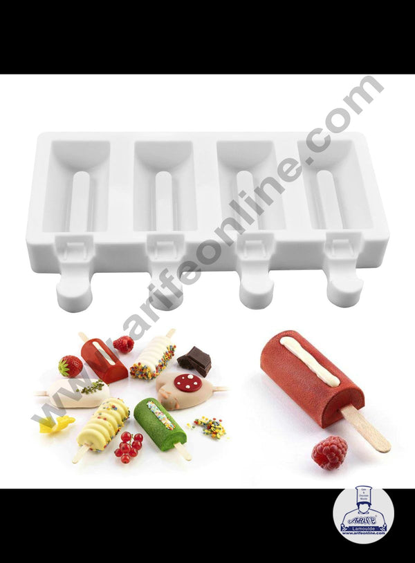 Cake Decor 4 Cavity White Classic Silicone Rounded with Groove Cakesicle Mold Popsicle Easy Ice Cream Bar Mold