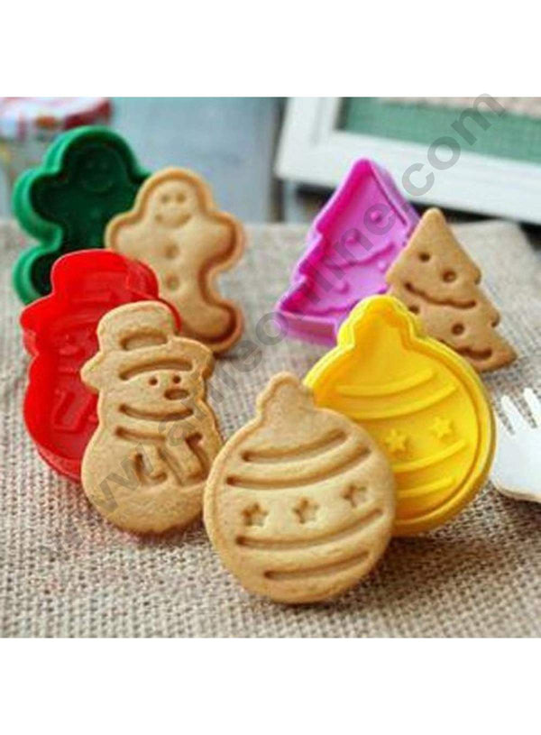 Cake Decor 4 pcs Christmas Xmas Tree, Gingerbread Man, Snowman, Ornament Ball Plunger Cutter