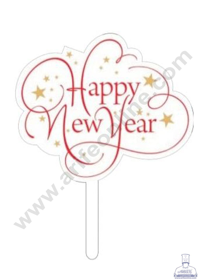 Cake Decor 5 Inches Digital Printed Christmas Theme Cake Toppers - Happy New Year White Red