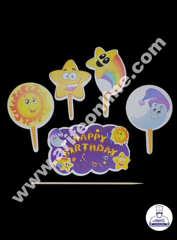 Cake Decor 5 pcs Happy Birthday Day And Night Theme Paper Topper For Cake And Cupcake