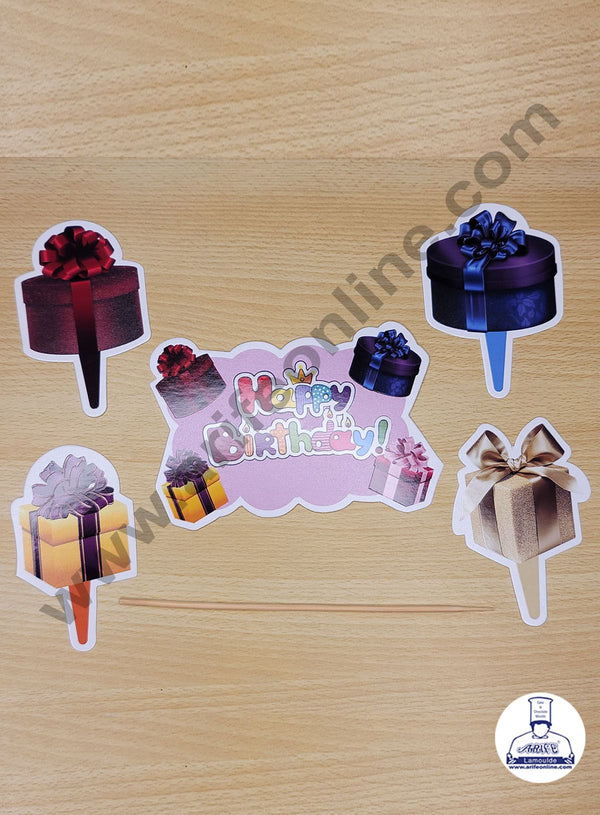 Cake Decor 5 pcs Happy Birthday Gift Box Theme Paper Topper For Cake And Cupcake