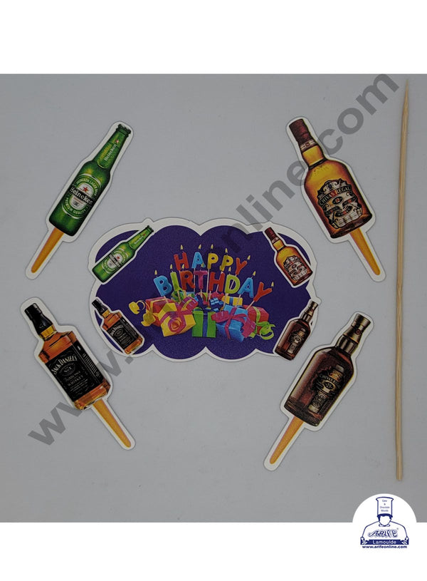 Cake Decor 5 pcs Happy Birthday Small Beer Bottle Theme Paper Topper For Cake And Cupcake