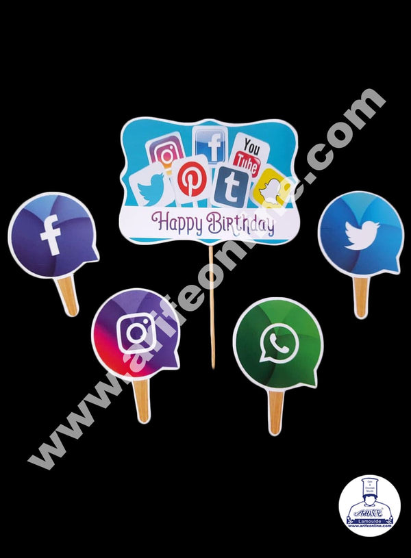 Cake Decor 5 pcs Happy Birthday Social Media Theme Cardboard Topper For Cake And Cupcake