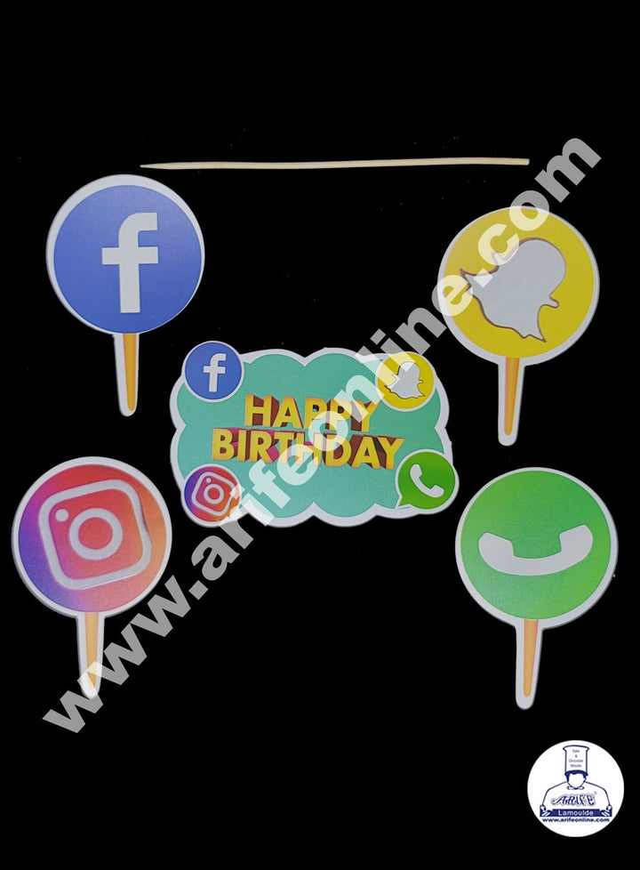 Cake Decor 5 pcs Happy Birthday Social Media Theme Paper Toppers For Cake And Cupcake
