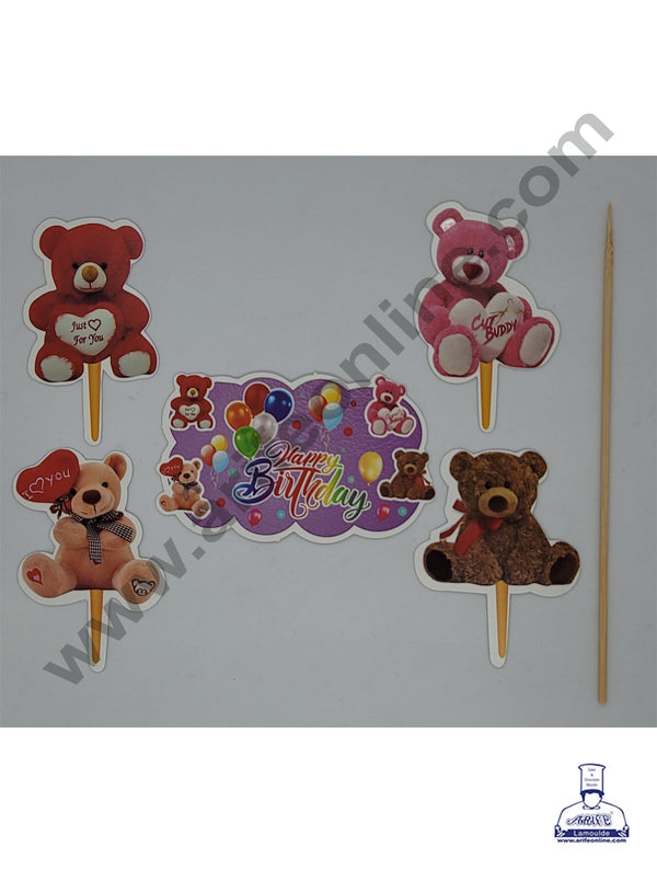 Cake Decor 5 pcs Happy Birthday Teddy Theme Paper Topper For Cake And Cupcake