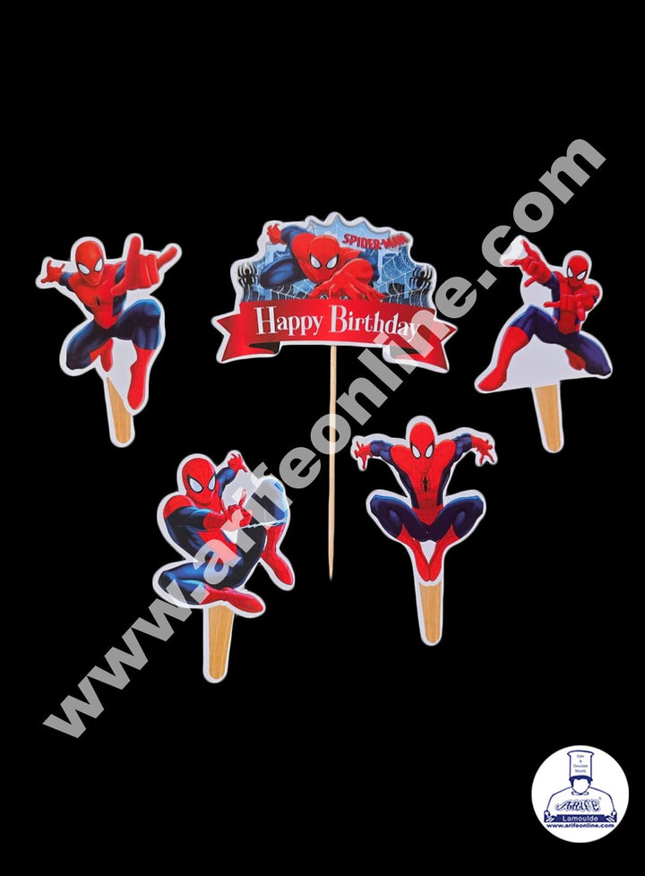 Cake Decor 5 pcs Happy Birthday Spiderman Theme Cardboard Topper For Cake And Cupcake