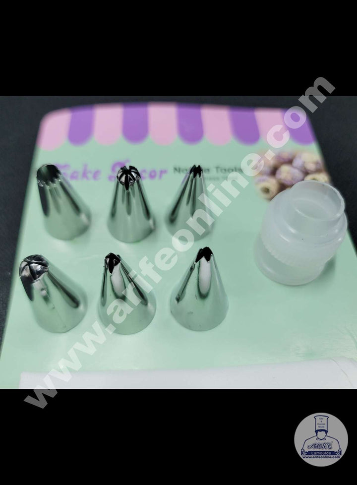 Cake Decor 6 Pc Nozzle, 1 Coupler & Piping Bag Set Pastry Tips Cupcake Cake Decorating Nozzle