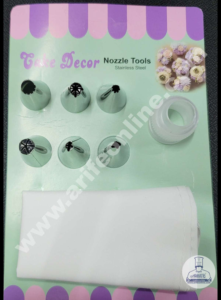 Cake Decor 6 Pc Nozzle, 1 Coupler & Piping Bag Set Pastry Tips Cupcake Cake Decorating Nozzle