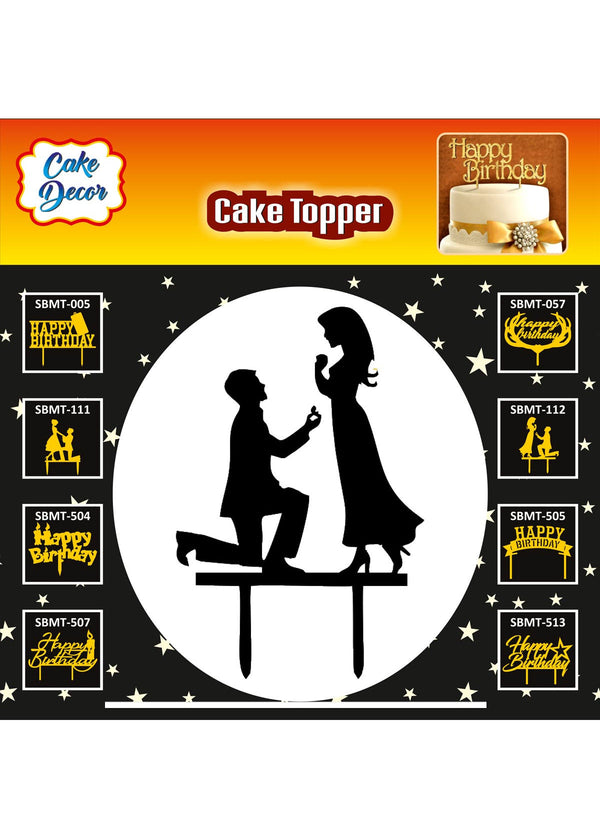 Cake Decor 6 inch Mirror Finishing Acrylic Black Cake Topper Proposing Couples with Ring