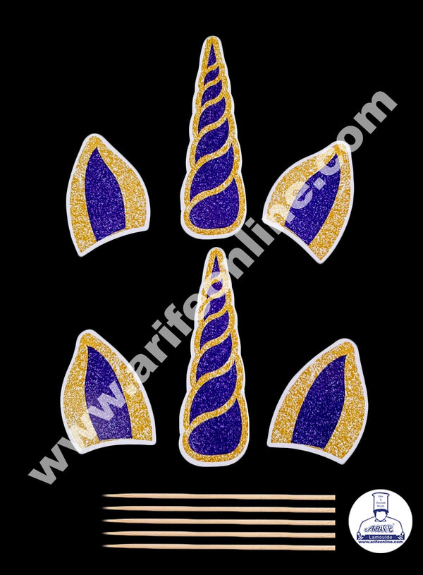 Cake Decor 6 pcs Blue Unicorn Ear And Horn Paper Topper For Cake And Cupcake