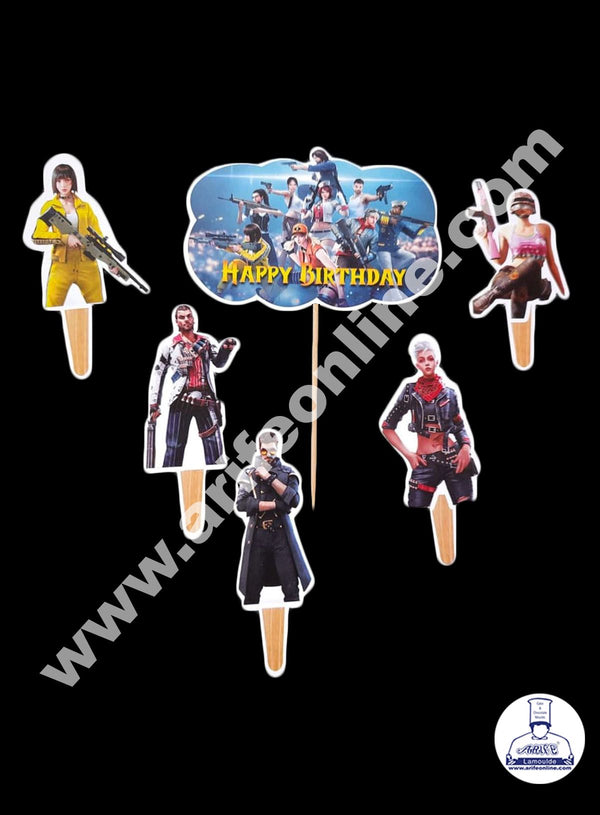 Cake Decor 6 pcs Happy Birthday Freefire Theme Paper Topper For Cake And Cupcake