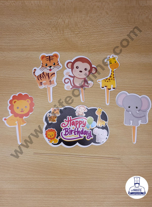 Cake Decor 6 pcs Happy Birthday Jungle Animal Theme Paper Topper For Cake And Cupcake