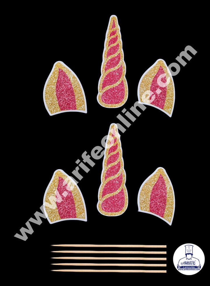 Cake Decor 6 pcs Red Unicorn Ear And Horn Paper Topper For Cake And Cupcake