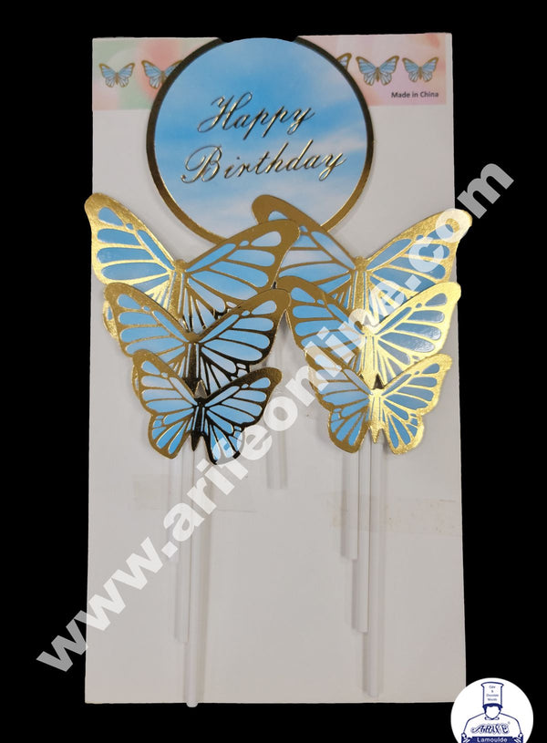 Cake Decor 7 pcs Round Happy Birthday and Butterfly Paper Topper For Cake And Cupcake - Blue