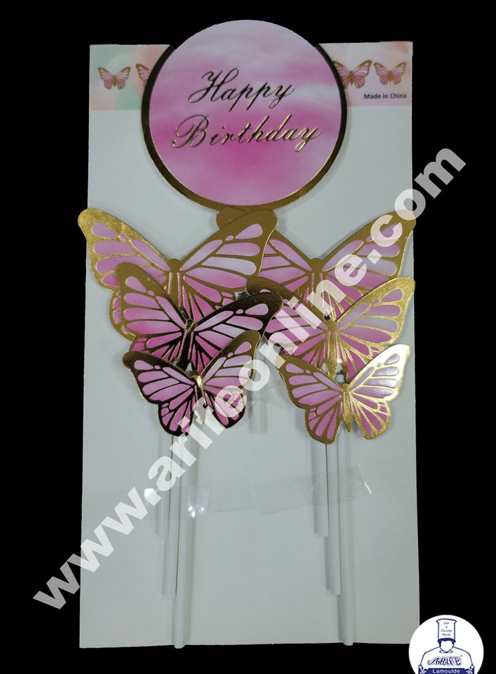 Cake Decor 7 pcs Round Happy Birthday and Butterfly Paper Topper For Cake And Cupcake - Pink