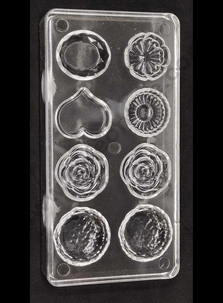 Cake Decor 8 Cavity Heart Round Rose Mix Shape Small Polycarbonate Chocolate Mould