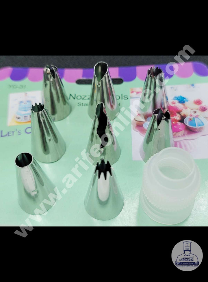 Cake Decor 8 Pcs Nozzle With 1 Coupler & 1 Piping Bag Set Pastry Tips Cupcake Cake Decorating Nozzle
